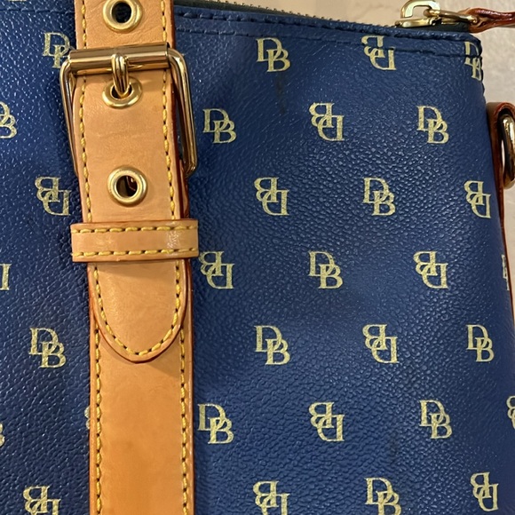 Dooney & Bourke Blue Tan Monogram Satchel Purse Double Handle - Picture 4 of 14